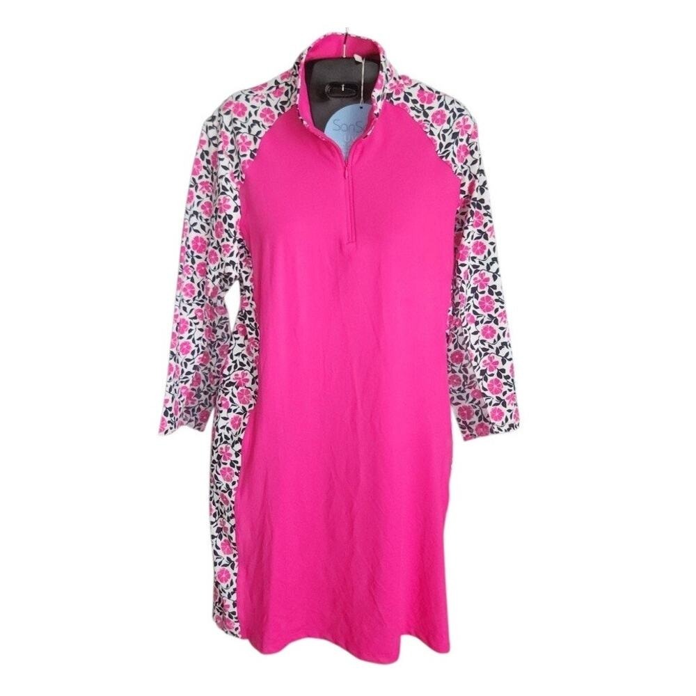 SAN SOLEIL Golf Dress with shorts Medium Pink Floral 1/4 Zip UPV 50 NWT $139 - Picture 2 of 13
